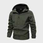 Olive green hooded softshell jacket with zip pockets, shown flat on background | Chaps London