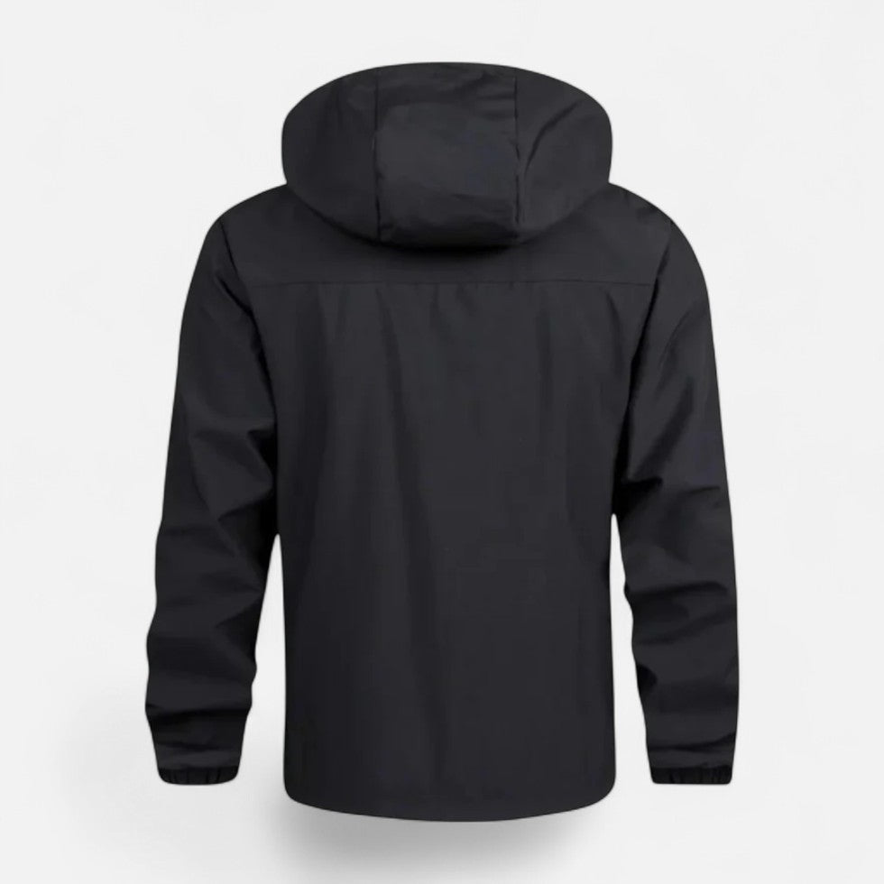 Black hooded windbreaker jacket, back view, shown flat on display | Chaps London