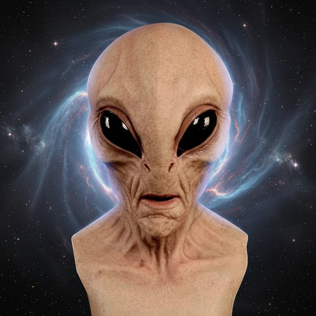Tan alien mask with large black eyes, shown on mannequin bust | Chaps London