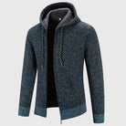 Navy blue chunky knit zip-up hoodie with fleece lining, shown flat | Chaps London