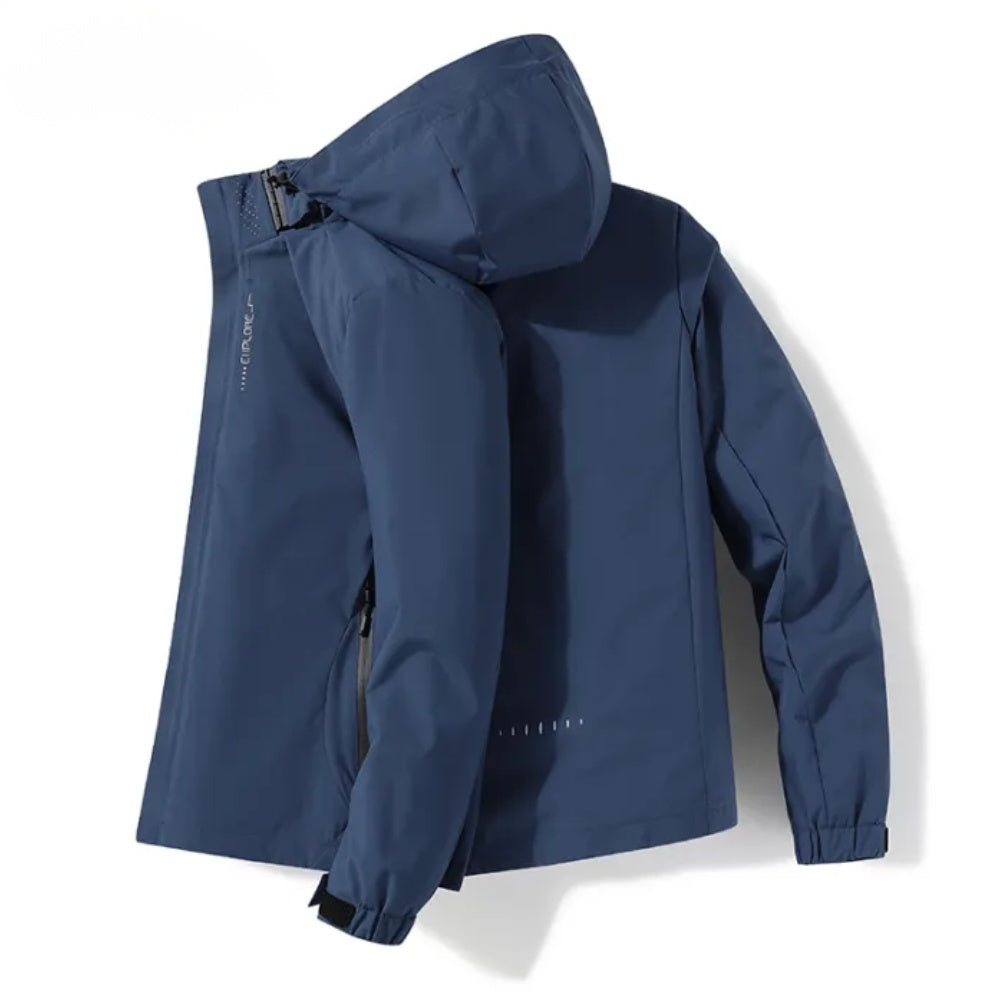 Navy blue hooded jacket with zip pockets shown flat, unworn | Chaps London
