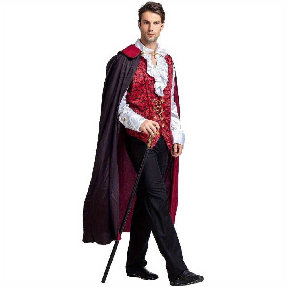 Man wearing red vampire costume with long black cape and cane | Chaps London