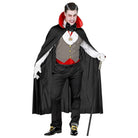 Man wearing black vampire cape, grey waistcoat and bow tie costume | Chaps London