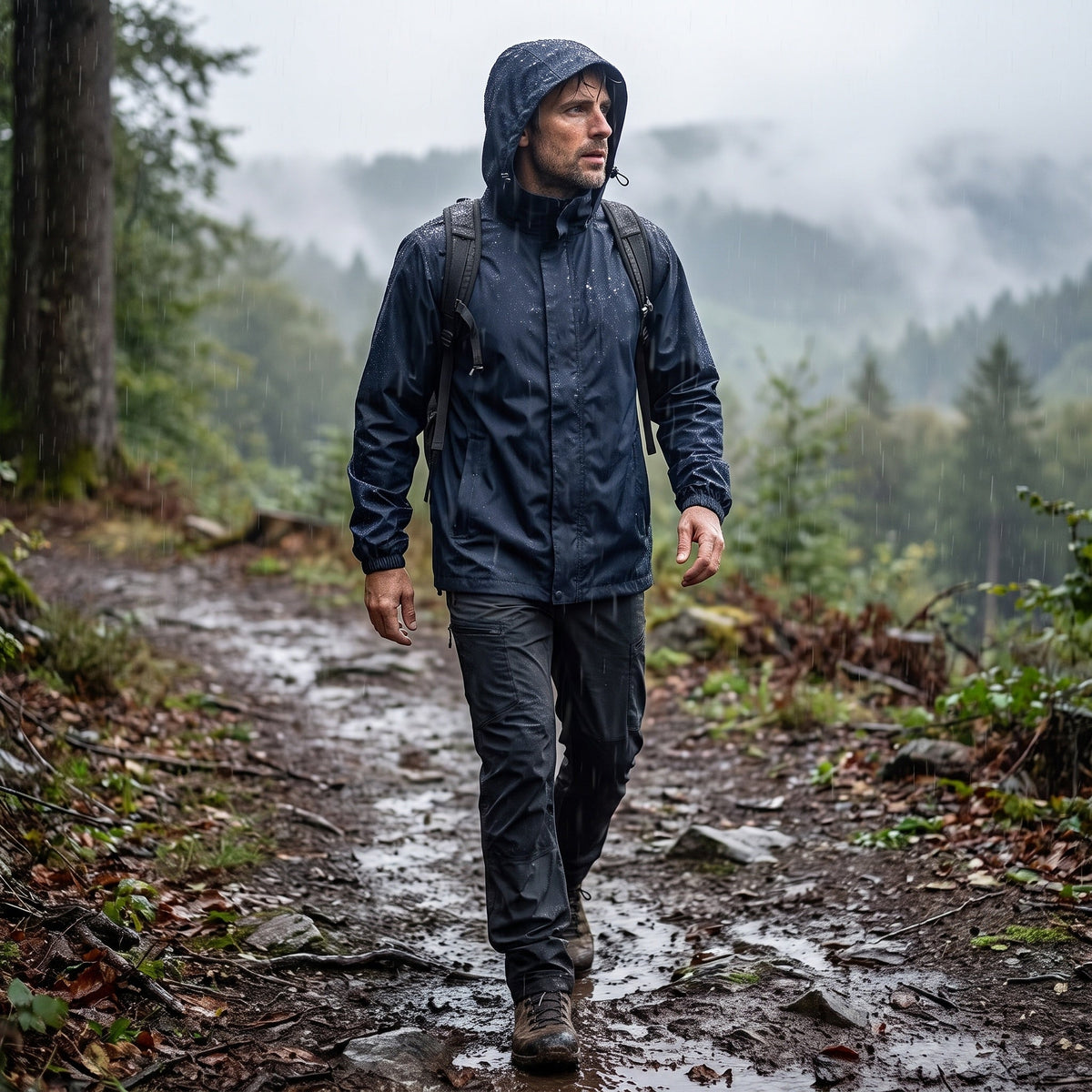 Man wearing navy waterproof hooded rain jacket, hiking on misty forest trail | Chaps London