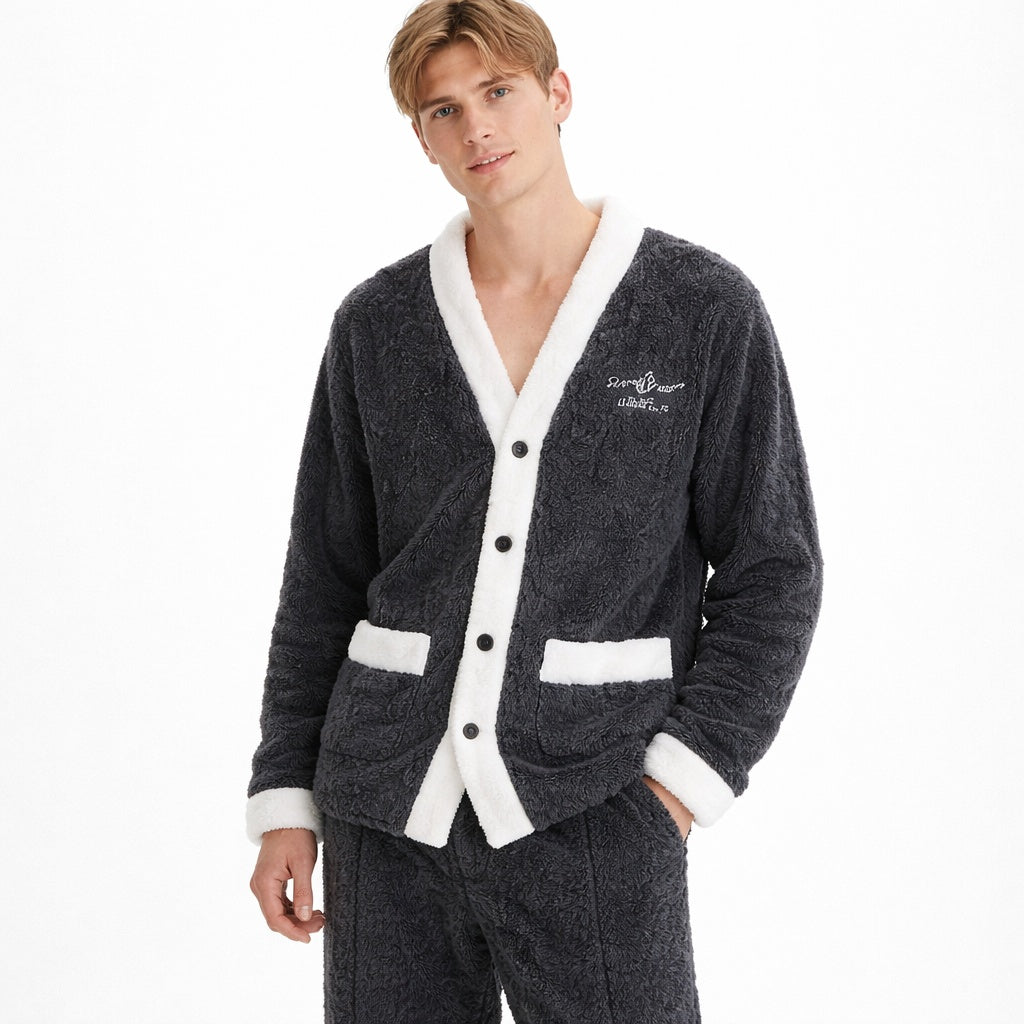 Man wearing dark gray fleece cardigan pajama top with white trim | Chaps London