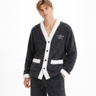 Man wearing dark gray fleece cardigan pajama top with white trim | Chaps London
