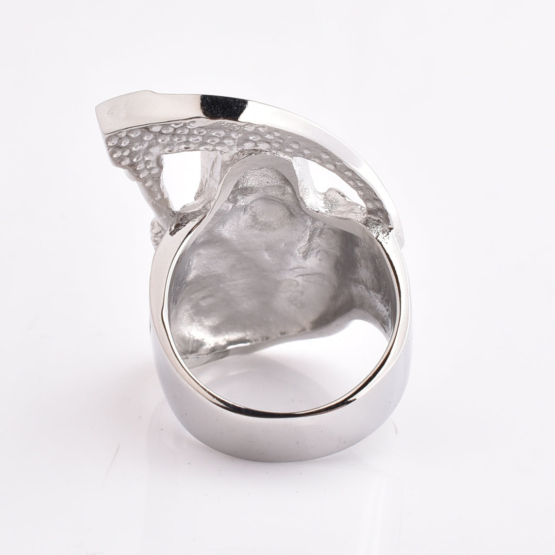 Silver tone ring back view showing textured band and hollow interior detail | Chaps London