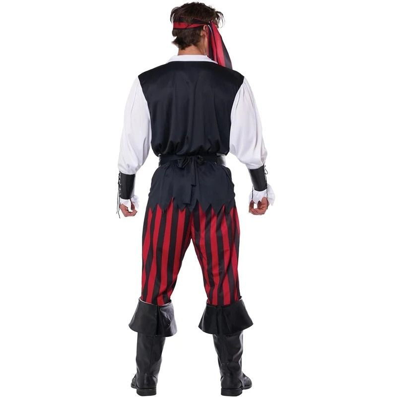 Man wearing black and red striped pirate costume with bandana, rear view | Chaps London