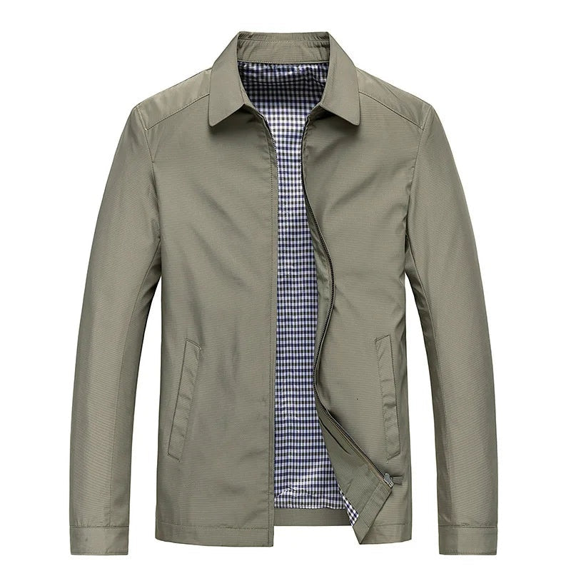 Olive green jacket with shirt collar, plaid lining visible, shown on mannequin | Chaps London