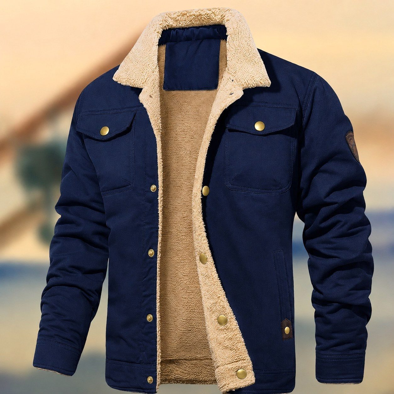 Navy blue sherpa trucker jacket with snap buttons, shown flat unworn | Chaps London