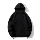 Black waffle-texture hoodie with funnel neck, drawcord hem, shown flat on mannequin | Chaps London