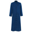 Navy blue cassock with stand collar, button front, shown flat | Chaps London