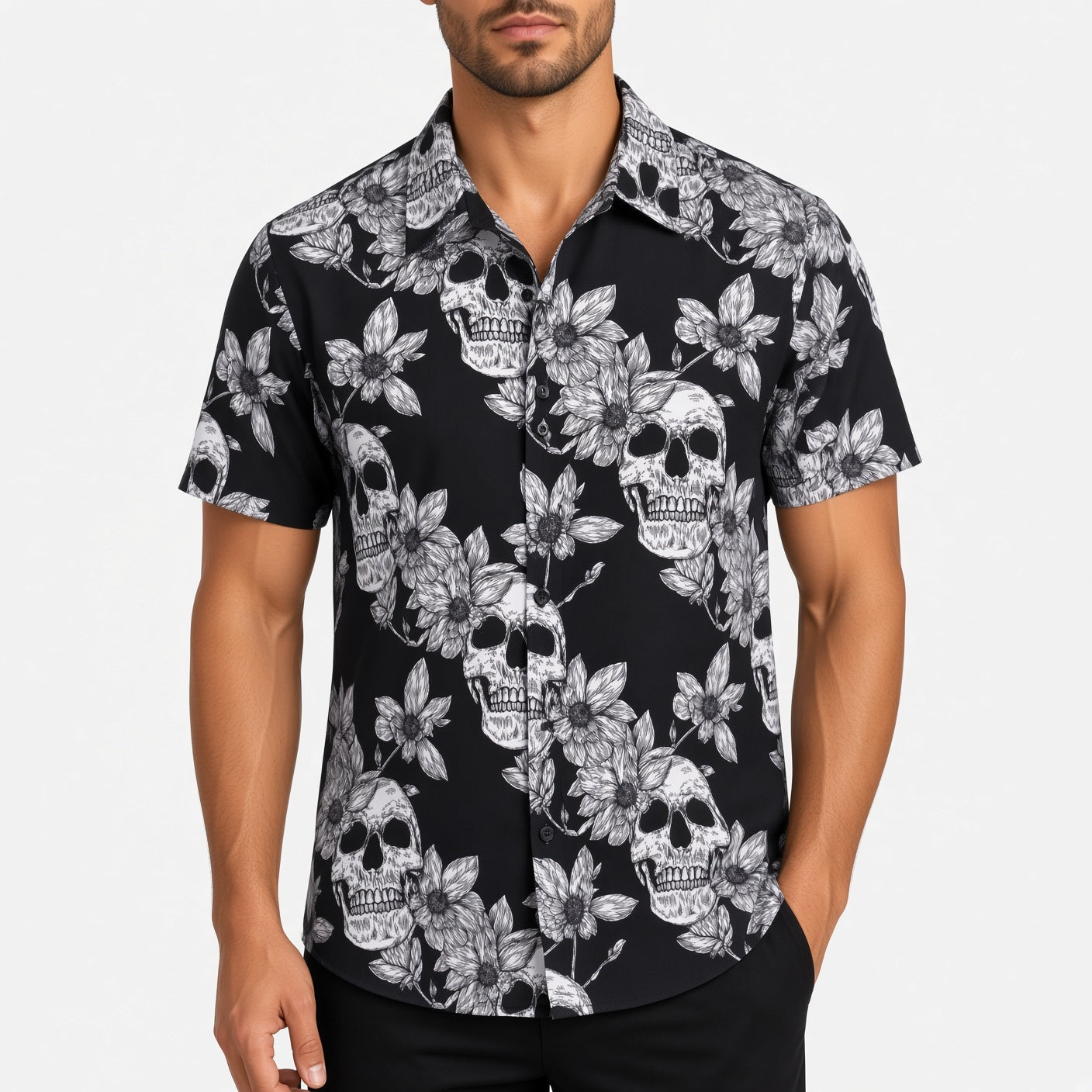 Black and white skull floral print short sleeve shirt worn by man | Chaps London