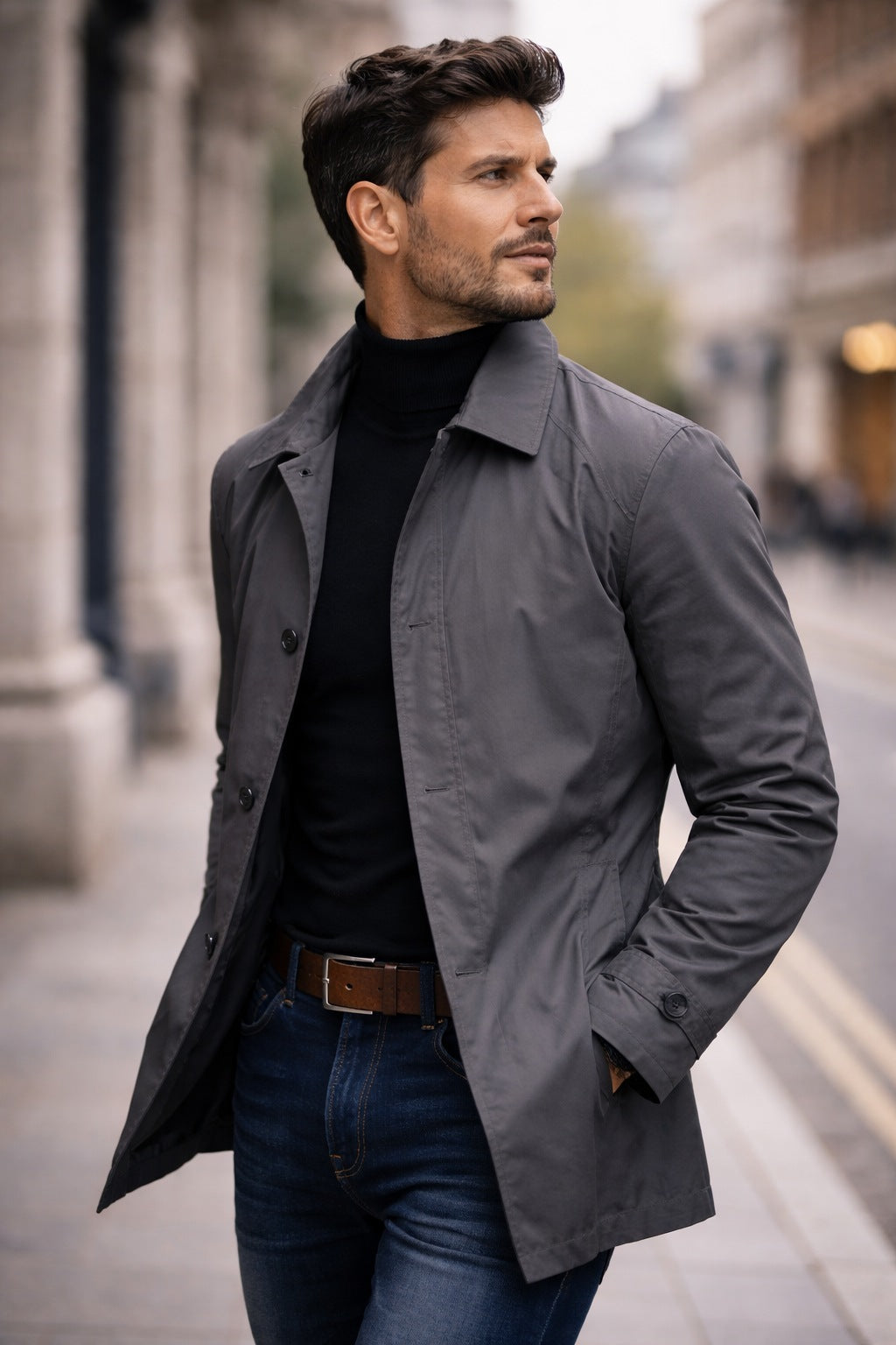 Man wearing gray rain mac with black turtleneck and jeans outdoors | Chaps London