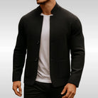 Black textured knit stand collar cardigan with buttons, worn by man | Chaps London