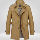 Khaki cotton trench coat with epaulettes, mid-length, displayed on mannequin | Chaps London