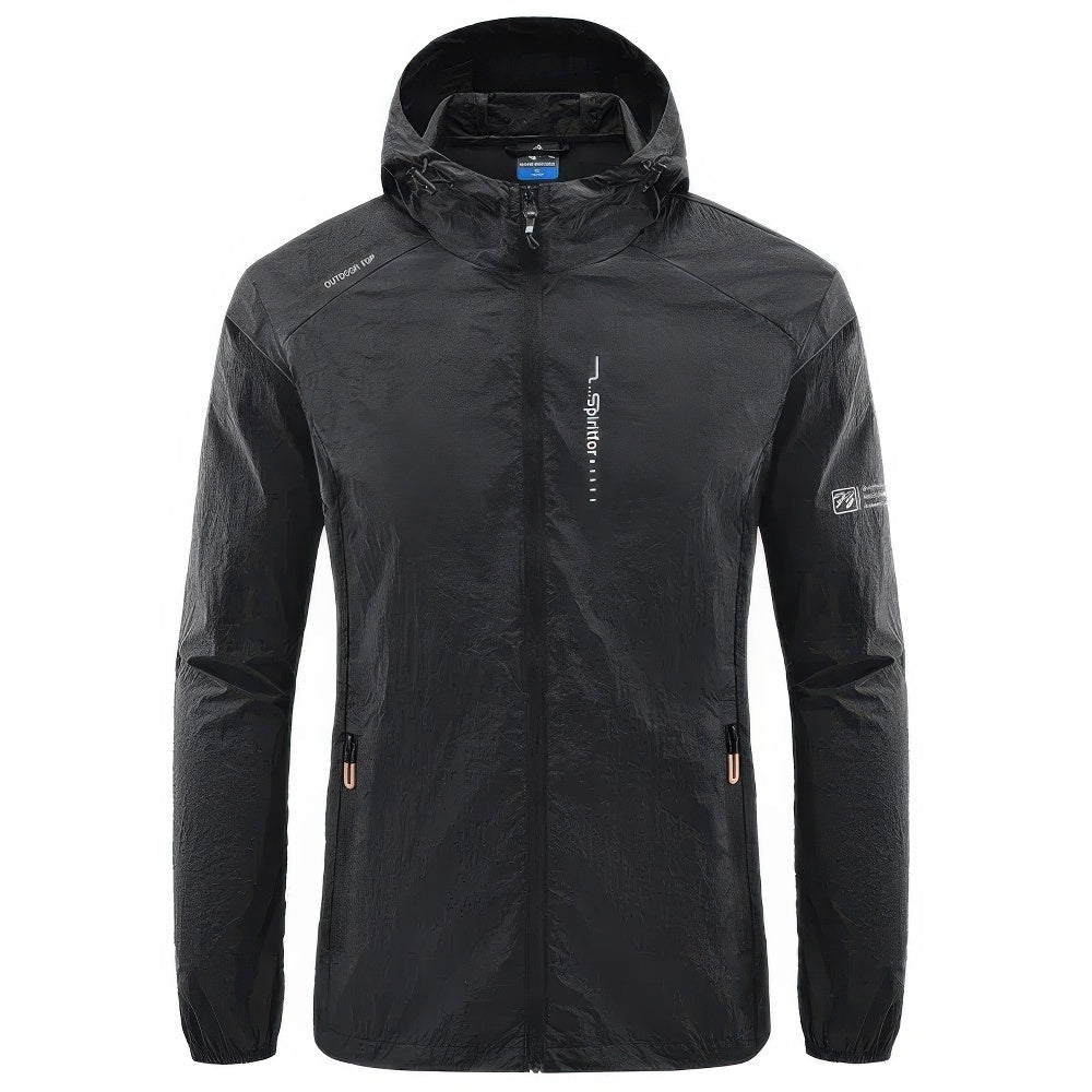Black hooded lightweight jacket with zip pockets, worn by a person | Chaps London