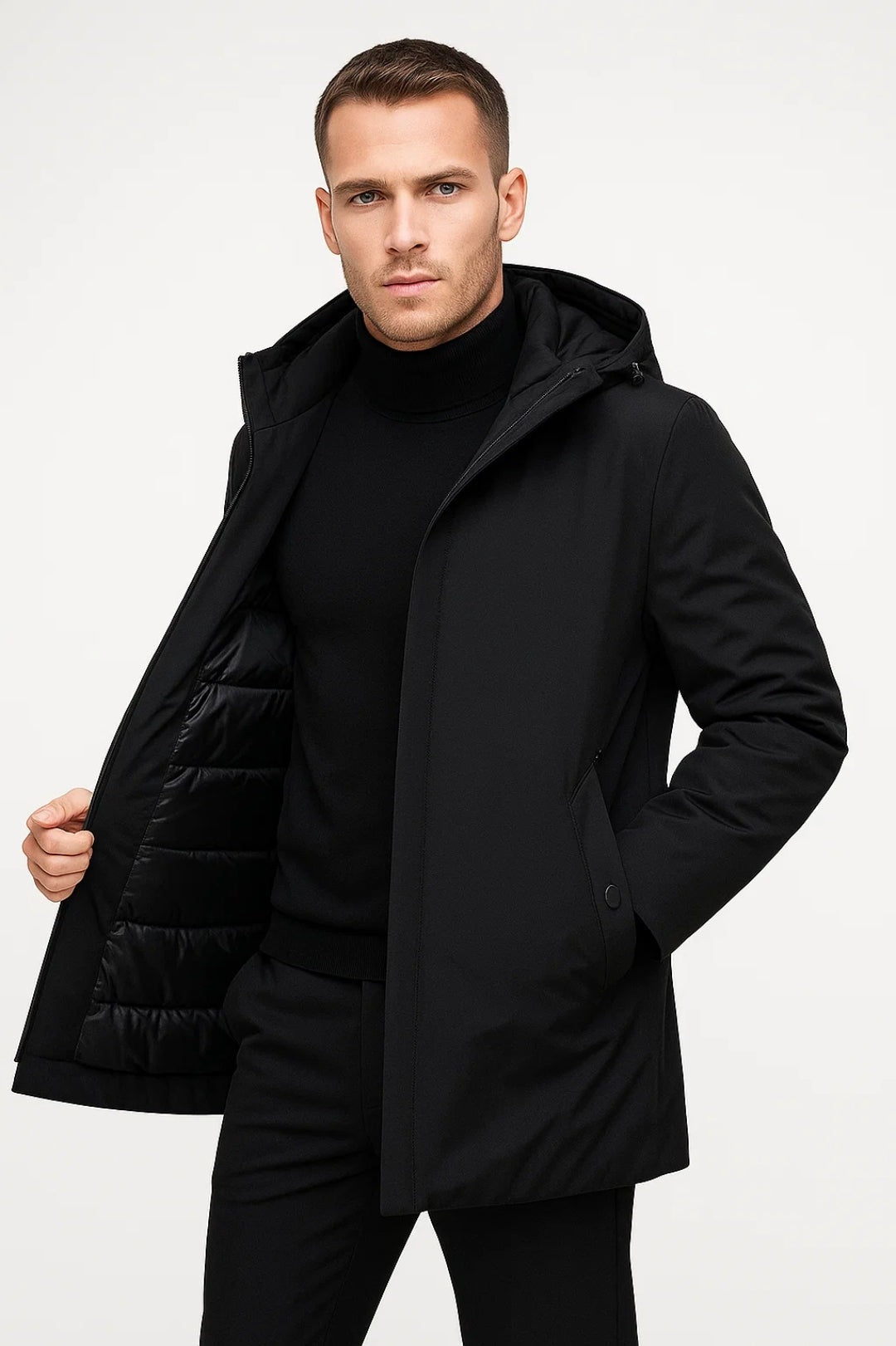 Man wearing black hooded parka with quilted panel, worn open over turtleneck | Chaps London