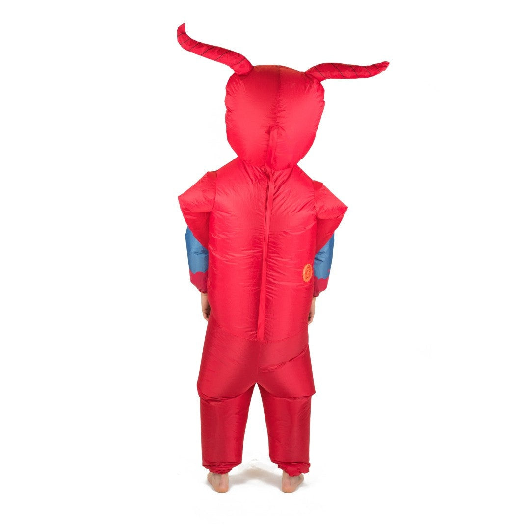 Red inflatable devil costume with horns, worn by person, back view | Chaps London