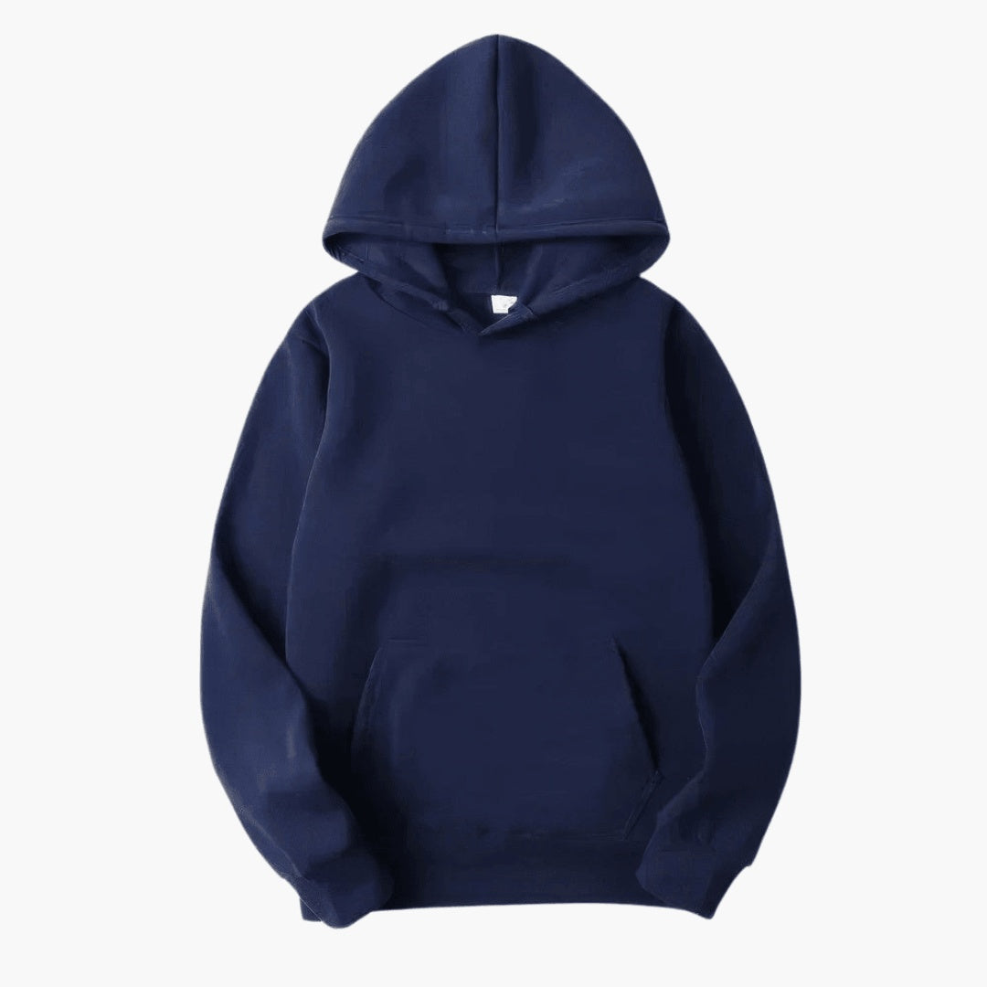 Navy blue pullover hoodie with kangaroo pocket, flat lay product shot | Chaps London