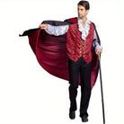 Man wearing red vampire costume with cape, waistcoat, ruffled shirt, holding cane | Chaps London