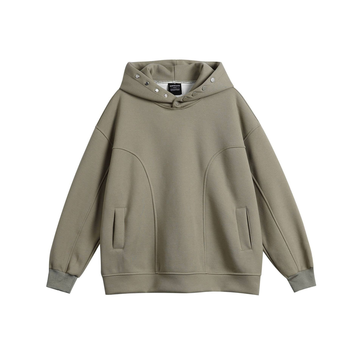 Olive green oversized hoodie with snap neck, flat lay view | Chaps London