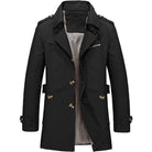 Black trench coat with epaulettes, shown flat, checkered lining visible | Chaps London