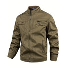 Olive green cotton field jacket with stand collar, worn by a person | Chaps London