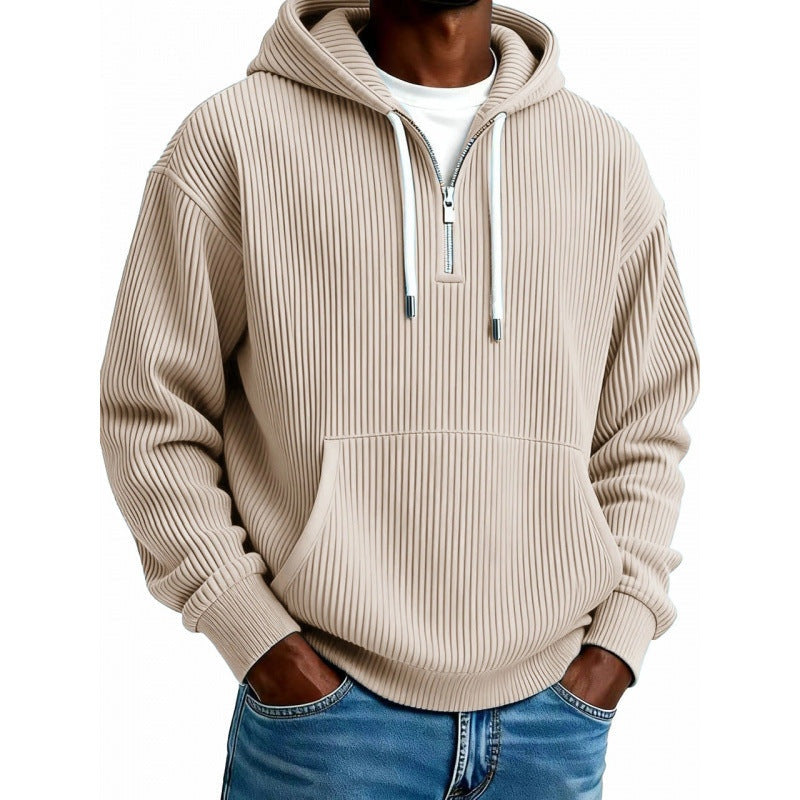 Beige ribbed half-zip hoodie worn by man, hands in pocket | Chaps London