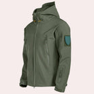 Olive green hooded softshell jacket with zip pockets, worn by person | Chaps London