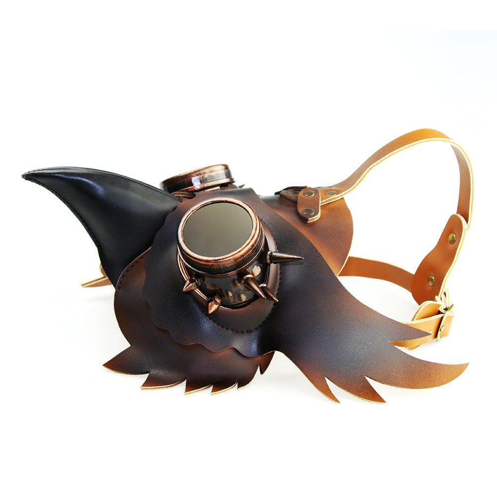 Brown owl-shaped steampunk mask with goggle eye and adjustable strap | Chaps London
