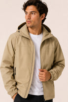 Man wearing beige hooded zip-up jacket over white t-shirt, worn outfit | Chaps London