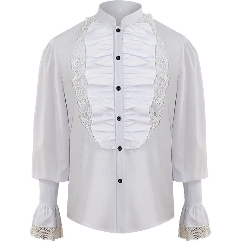 White ruffled Victorian-style shirt with lace trim, flat product shot | Chaps London
