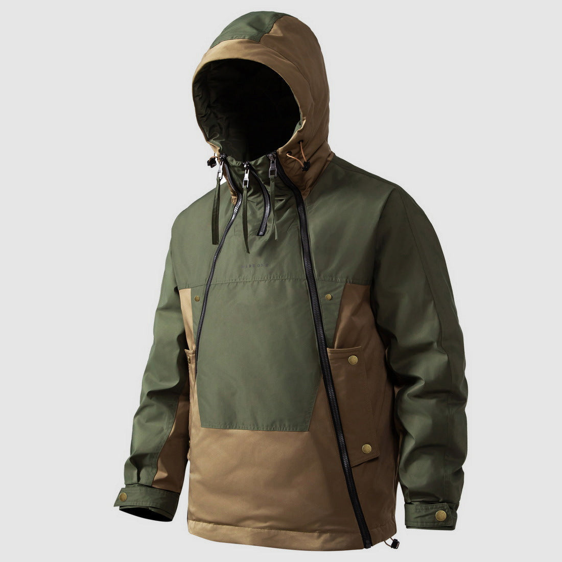 Green and tan color-block hooded anorak jacket worn by man, front view | Chaps London