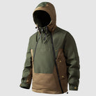 Green and tan color-block hooded anorak jacket worn by man, front view | Chaps London