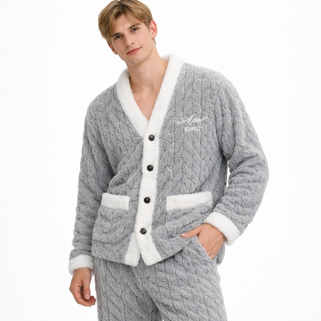 Man wearing gray cable-knit fleece pajama cardigan with white trim, hands in pockets | Chaps London