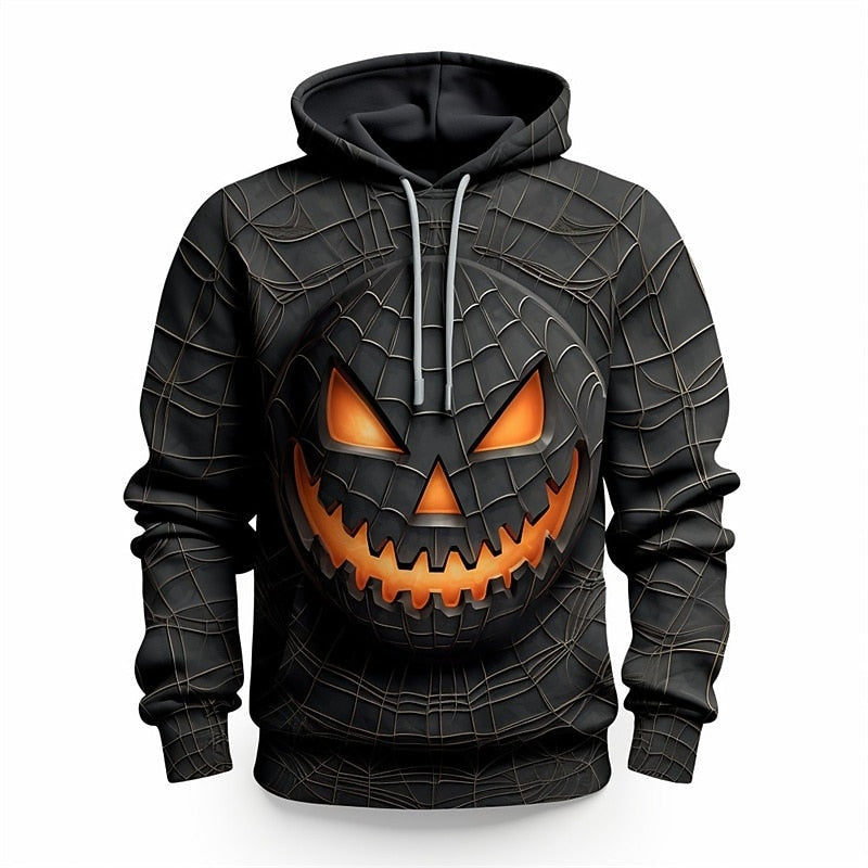 Black hoodie with glowing orange jack-o'-lantern face and spiderweb texture, worn by person | Chaps London