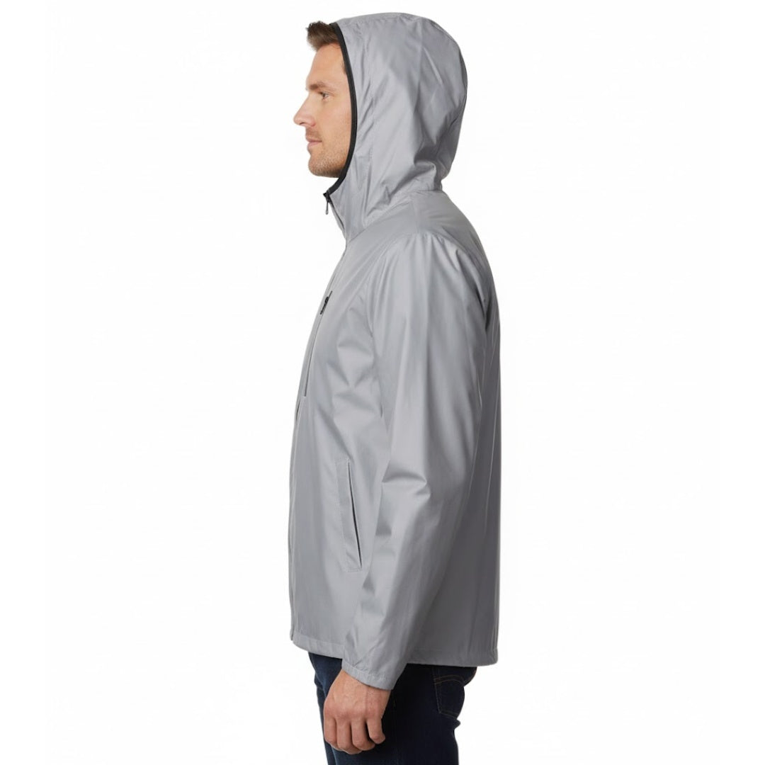 Man wearing gray hooded rain jacket, side profile view, worn by model | Chaps London