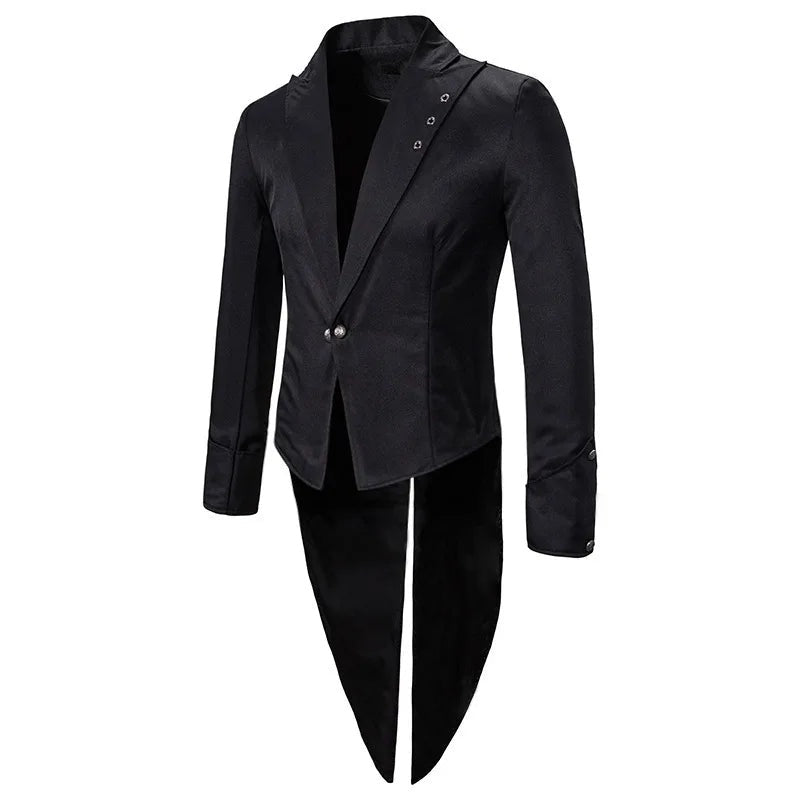Black tailcoat jacket with button detail, shown flat on invisible mannequin | Chaps London