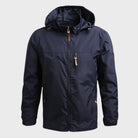 Navy blue hooded rain jacket with zip pockets, shown on mannequin | Chaps London