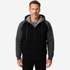 Man wearing black sherpa-lined zip hoodie with gray contrast sleeves and hood | Chaps London