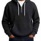 Black ribbed half-zip hoodie with white drawcords, worn by a man | Chaps London