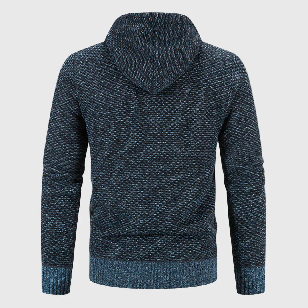 Navy blue chunky knit zip hoodie, back view, worn by person | Chaps London