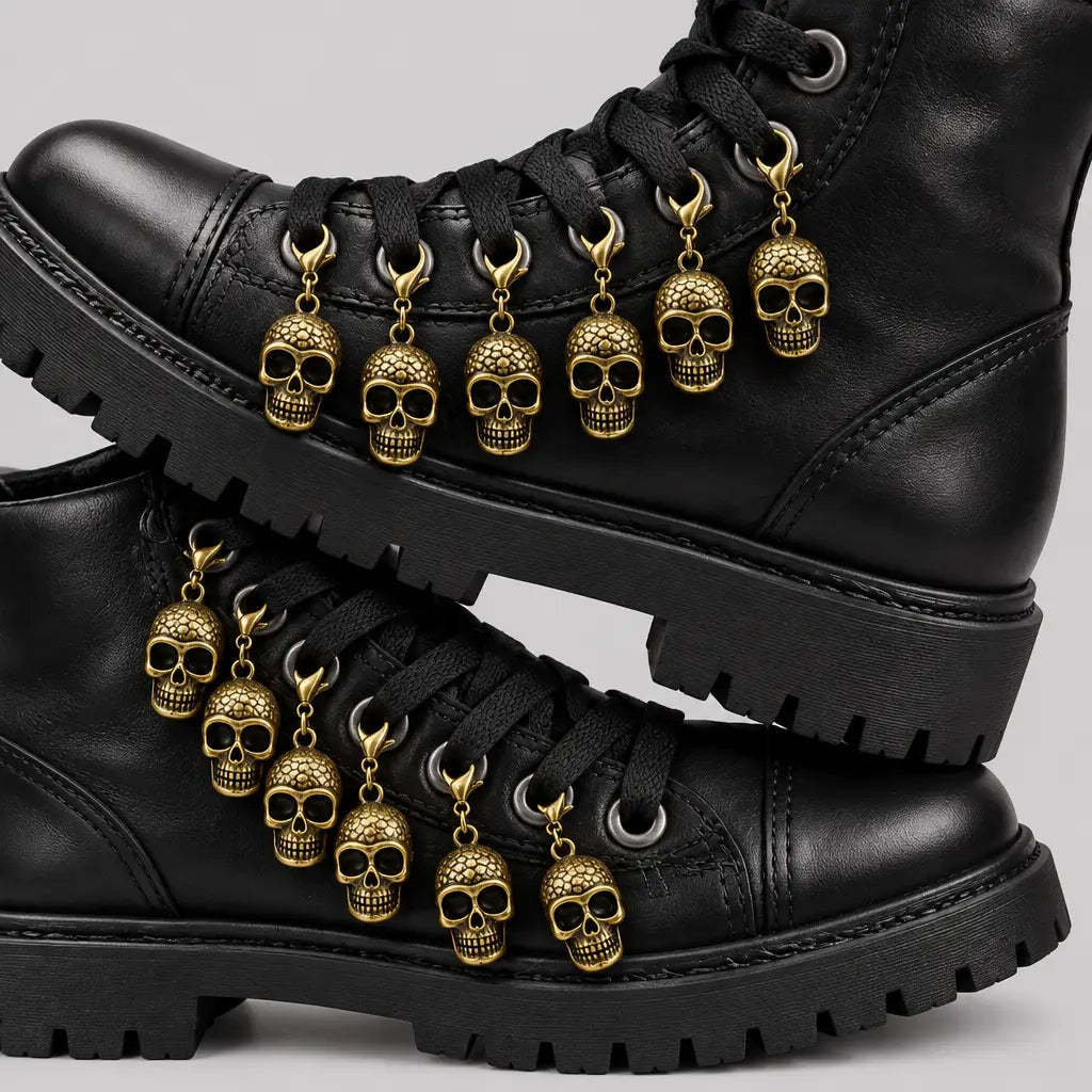 Gold skull charms with lobster clasps hanging from black boot laces | Chaps London