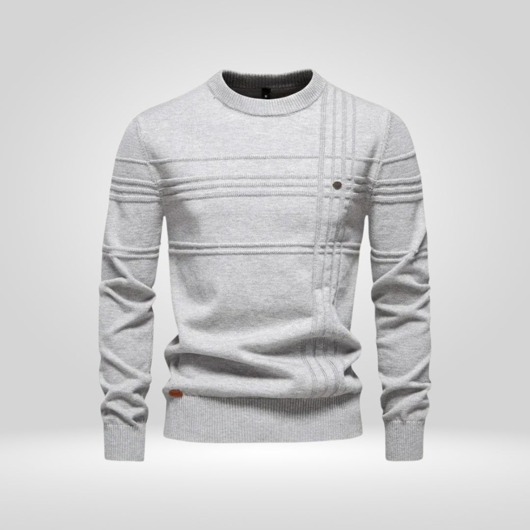 Light gray ribbed knit sweater with crew neck, worn by male model | Chaps London