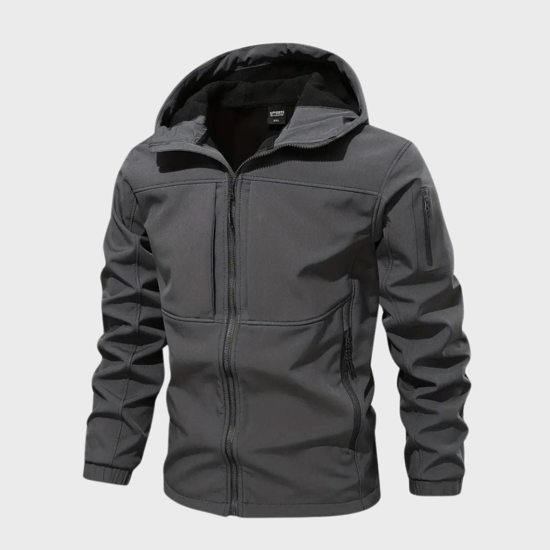 Gray hooded softshell jacket with zip pockets, displayed flat, front view | Chaps London