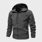 Gray hooded softshell jacket with zip pockets, displayed flat, front view | Chaps London