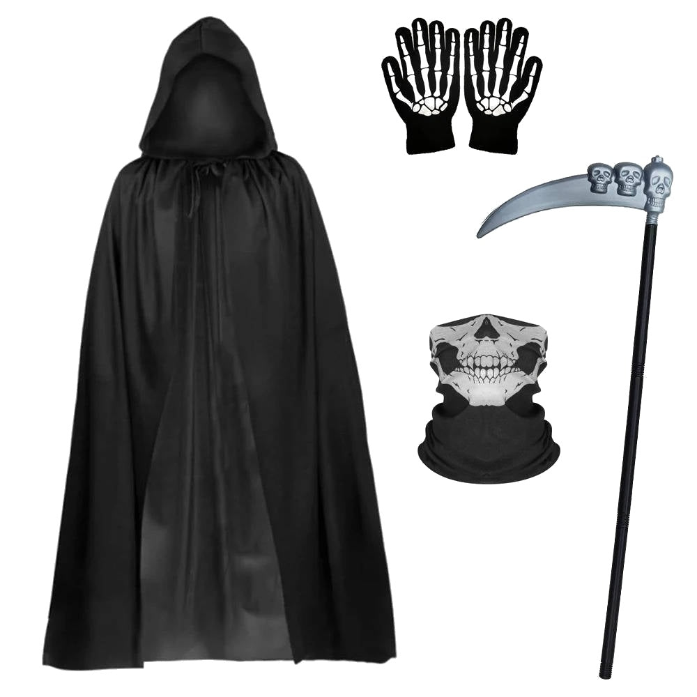 Black hooded cloak, skull mask, skeleton gloves, and scythe shown flat | Chaps London