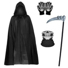 Black hooded cloak, skull mask, skeleton gloves, and scythe shown flat | Chaps London