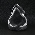 Silver hooded ring with teardrop shape shown flat on black | Chaps London
